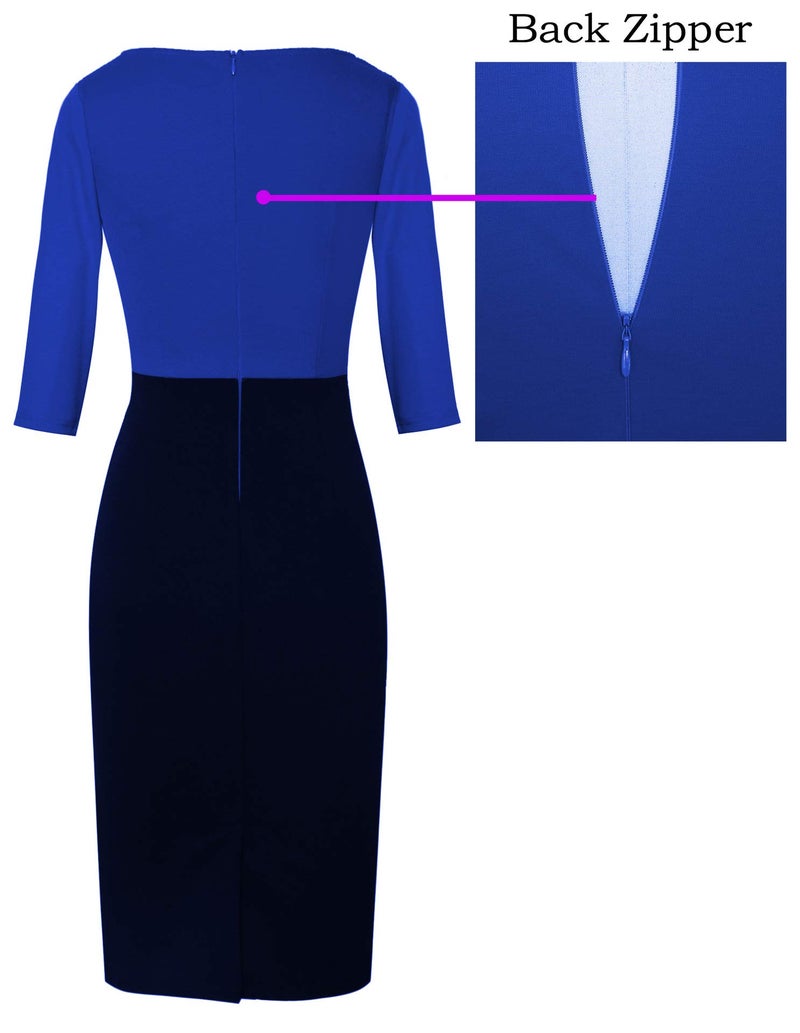 VFSHOW Womens Blue and Black Patchwork Classy Work Business Casual 3/4 Sleeve Slimming Fitted Front Zipper Crisscross Waist Office Party Pencil Sheath Dress 6472 BLU L - Image 4